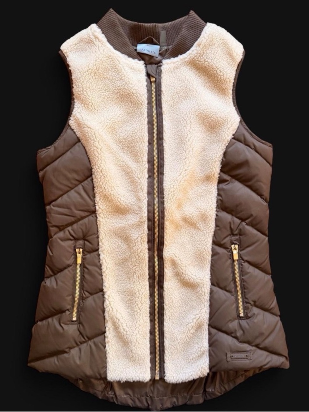 Athleta Brown Quilted Vest with Cream Sherpa Front